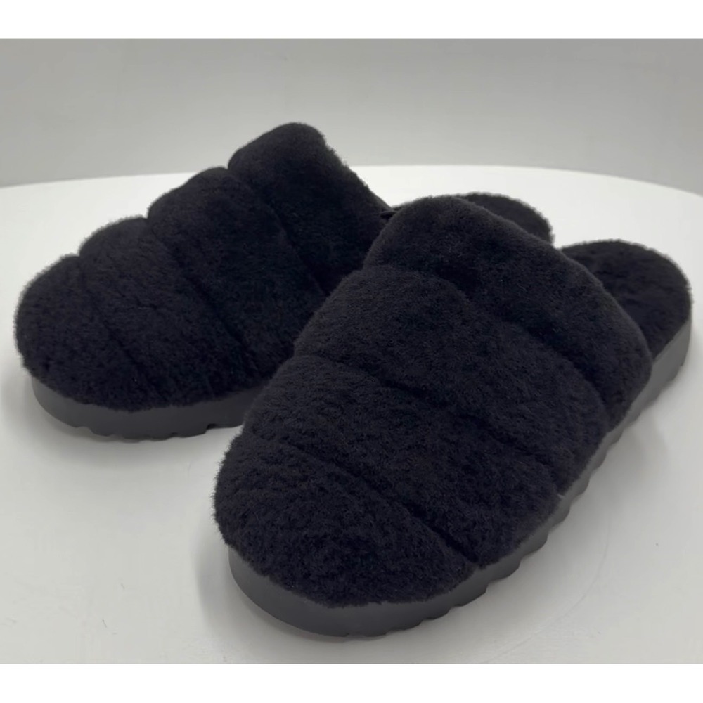 UGG Super Fluff Womens 11 Black Sheepskin Platform Slingback Slippers 1121751